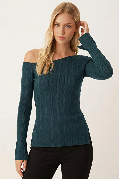 armonika Women's Anthracite Asymmetrical Collar Side Slit Blouse Arm-26K001066