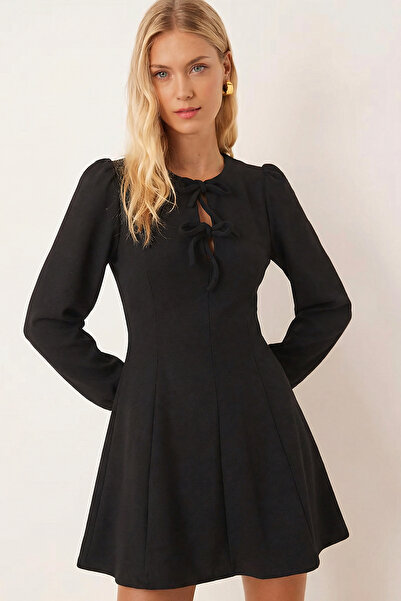 armonika Women's Black Tie-Neck Long Sleeve Flared Mini Dress Arm-26K001083