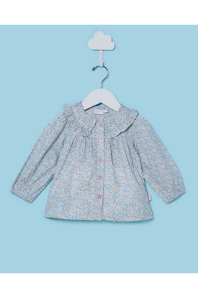 REDTAG بلوزة بوبلين زرقاء مطبوعة بالكامل بنقوش زهور كاملة للفتيات الصغيرات