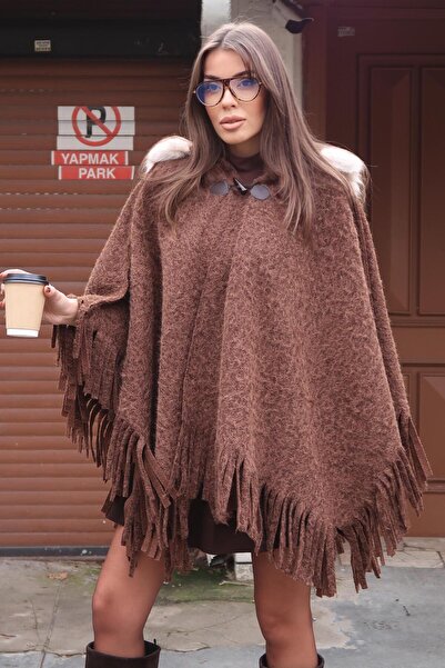 Lijuri Fur trimming tasseled poncho 6167