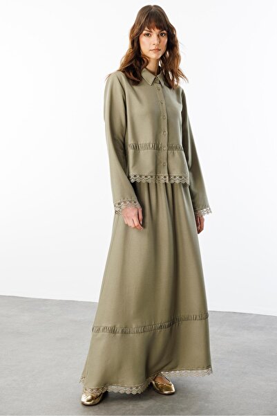 Micca Dantel Detaylı İpekçe Kumaş Etek - Tunik Kombin Takım-Haki