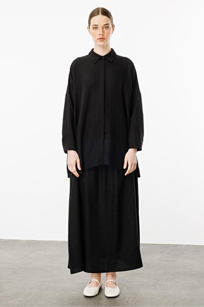 Micca Rahat,Hafif,Sade İpekçe Kumaş Basen Örten Tunik ve Etek Kombin Takım-Siyah