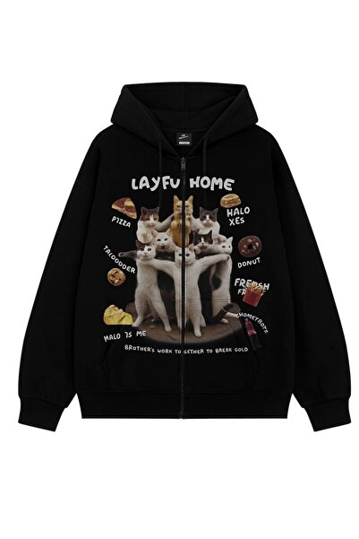 AZIZI TEKSTIL Ζακέτα με στάμπα Oversize Μαύρη Unisex με κουκούλα με φερμουάρ