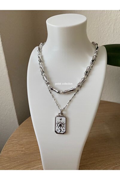 Petek Collection 2-Piece Silver Color Steel Necklace Combination Set (Pearl B...