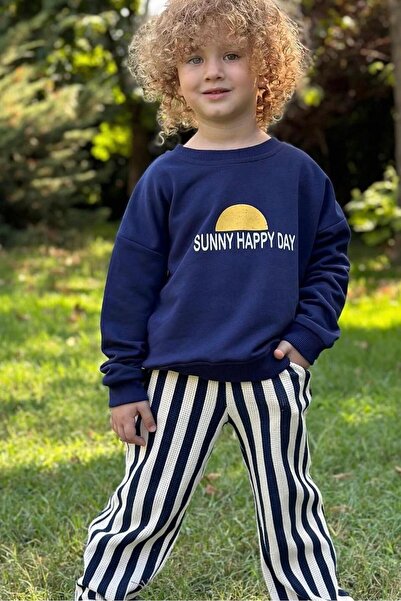 morbella Boys' Blue Sun Printed Sweatshirt and Striped Pants Two-Piece Set