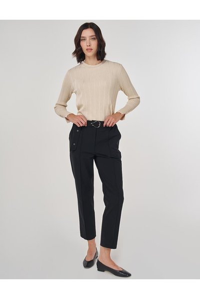 Kayra Elastic Waist Belt Detailed Green Carrot Trousers - Black