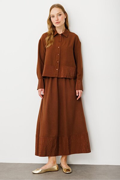 Micca Poly cupra Dikiş Detatlı İpekçe Etek Ceket Kombin Takım-Kahve