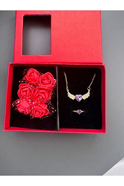shop GÜLLÜ KUTUDA MOR MELEK KANADI KOLYE YÜZÜK SETİ ÇELİK