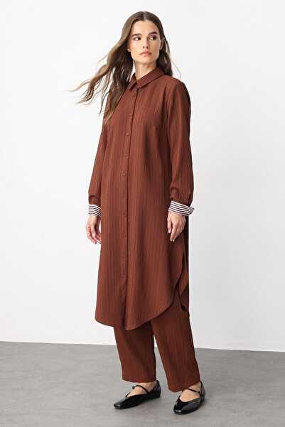 Micca Shanti Garni Detaylı Pantalon Kombinli Takım-Kahve