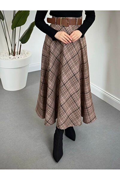 Meridosto Kadın Kahverengi Ekose Desenli Kemerli Uzun Etek