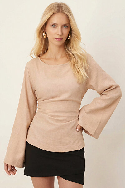 armonika Women's Beige Boat Neck Blouse with Gathered Sides and String Detail...