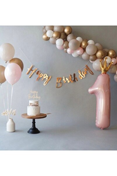 Çemrek Süs Parti Beige Pink Gold 1 Year Old Balloon Chain Set 52 Pcs