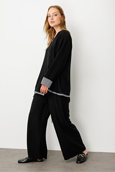 Micca Kimono Kapama Marin Detaylı Pantalon Kombinli Takım-Siyah