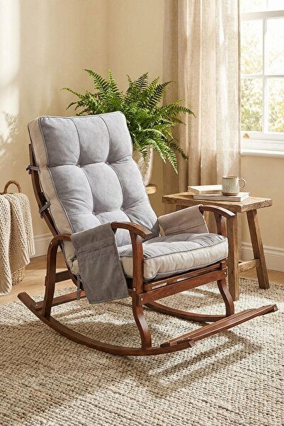 Reyo Ahşap Ceviz Sallanan Emzirme Koltuğu | Dinlenme & TV Koltuğu Gri Krem