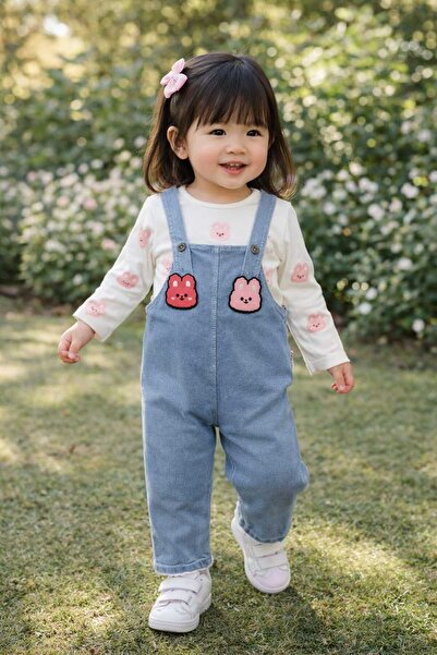 bubiee baby Kız Çocuk tavşan Figürlü Kot Salopet Ve Uzun Kollu Badi 2'li Takım