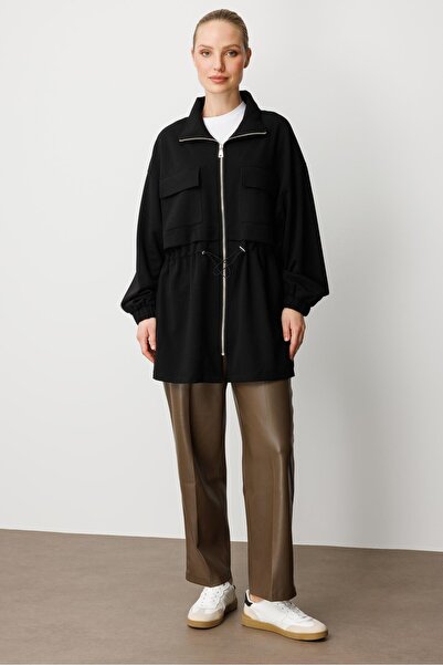 Micca Krep Doku Mevsimlik Basen Örten Zamansız Trench Kap-Siyah