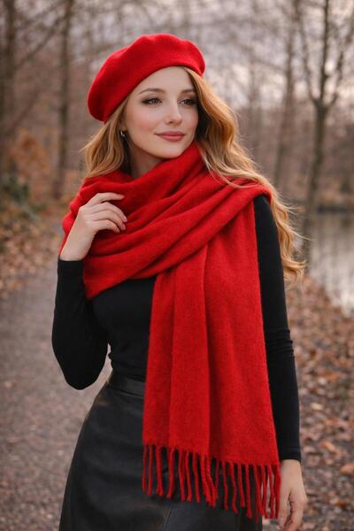 Wearflawless Sevgililer Günü Özel Seri Kırmızı Atkı ve Ressam Beresi Seti, Se...