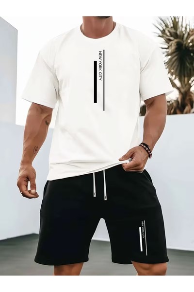 PAVRO Unisex Oversize Shorts Set Bottom-Top Two-Piece Casual Line Nwyr City P...