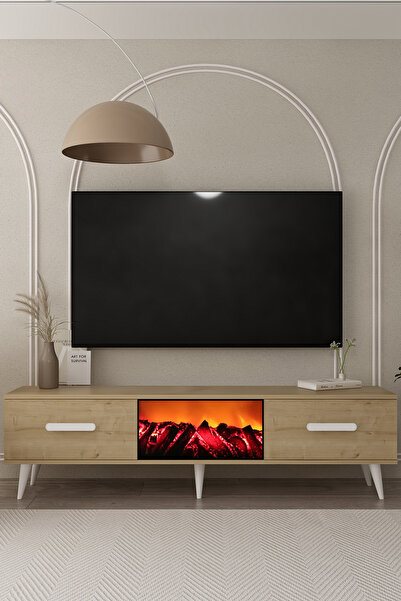 DEMONTE DECOR TV0050-TXA150DD-1 ŞÖMİNELİ TV SEHPASI SAFİRMEŞE-BEYAZ KULP