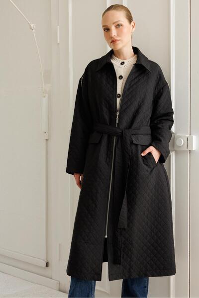 Micca HZR Fermuar Detaylı Jakar Kapitone Spor Trench Kap-Siyah