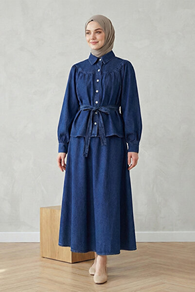 Kirazgym Women's Belted Front Buttoned Skirt Blouse Jeans Set Navy Blue