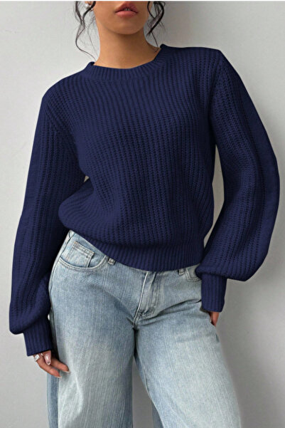 Tarz Cool Women's Navy Blue Oversize Crew Neck Balloon Sleeve Ribbed Knit Swe...