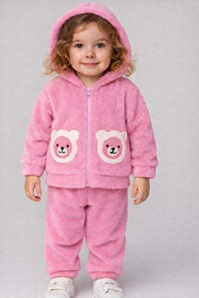 LİLORA Bebek Kız Kışlık Peluş Eşofman Takımı Kapüşonlu Ayıcık Detaylı