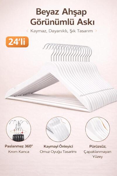 Dory 24 Adet Ahşap Görünümlü Elbise Ve Kıyafet Askısı - Beyaz Askı