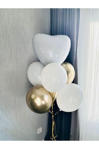 Çemrek Süs Parti White Gold Chrome Balloon Set with White Hearts, 11 Pieces