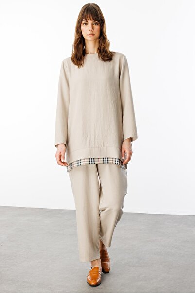 Micca Ferra Garni İpekçe Kumaş Hafif ve Konforlu Pantalon Tunik Kombin Takım-Taş