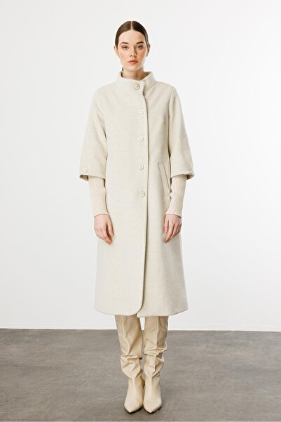 Micca Triko Kol Detaylı Soft Kaşe Kumaş Özel Manto-Krem