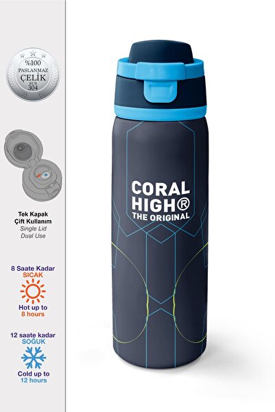 Coral High ترموس فولاذي بنمط هندسي باللون الأزرق الداكن مع شفاطة وفتحة شرب مب...