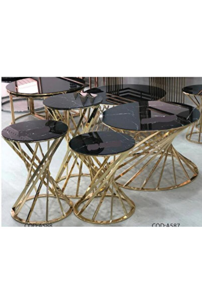 çelsan Yelpaze Model 3'lü Zigon Sehpa – Spiral Gold Metal Ayaklı Siyah Camlı ...