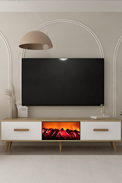DEMONTE DECOR TV0050-TXA150DD-1 ŞÖMİNELİ TV SEHPASI SAFİR-BEYAZ-SAFİR KULP