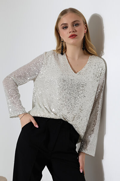 Thil Kadın Uzun Kol V Yaka Payetli Bluz