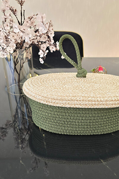KAAN HOME Handwoven Bread Basket – Green Beige Color Natural and Decorative M...