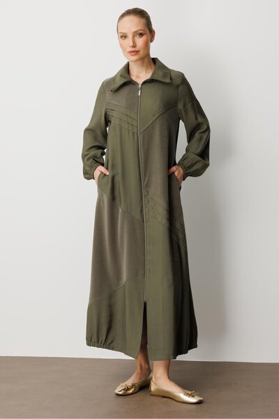 Micca Soft Modal (%90) İçerik Garni Büzgü Detaylı Kap/ Ferace-Haki