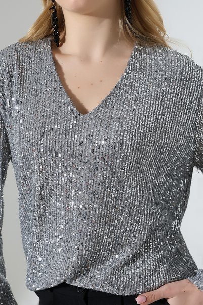 Thil Women's Long Sleeve V-Neck Sequined Blouse