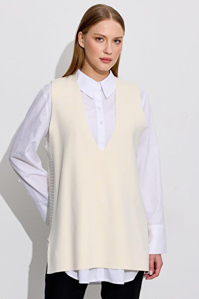 Tığ Triko V Yaka Rayon Süveter VANİLLA