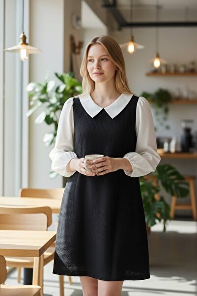 TNCY Siyah Gömlek Yaka Tüvit Dokuma Midi Boy Elbise