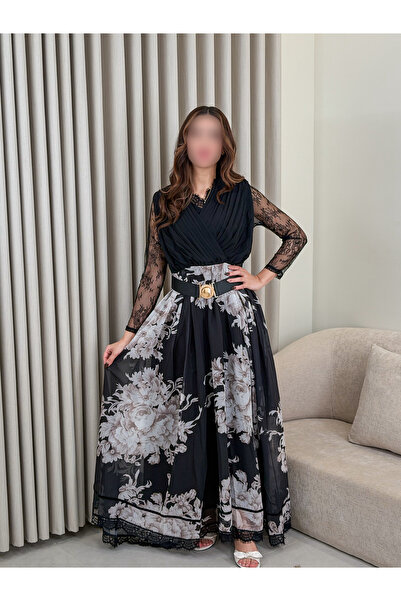 REVE Verona satin dress in black and beige with lace sleeves, V-neck, and wai...