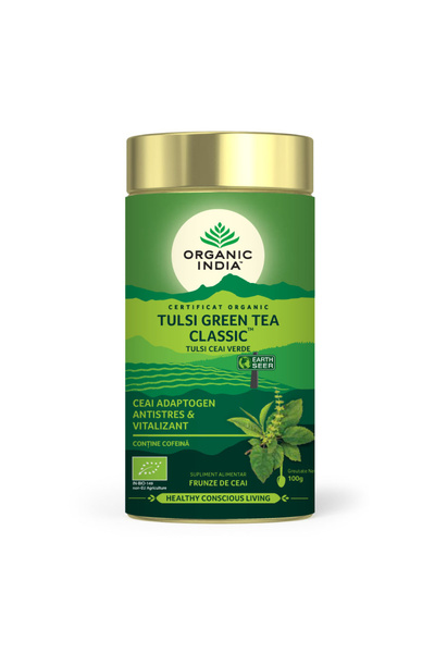 Organic India Tulsi (Busuioc Sfant) Ceai Verde Antistres Vitalizant, cutie 100g