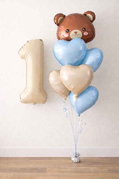 Çemrek Süs Parti 1 Year Old Birthday Concept with Heart and Bear Balloons, Se...
