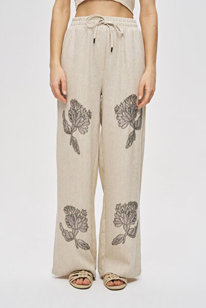 Orfeo Negro Women's Flora Natur Embroidered Linen Blend Trousers