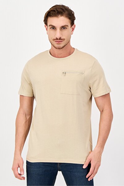 BENCH Men Crew Neck Short Sleeve Solid T-Shirt, Beige