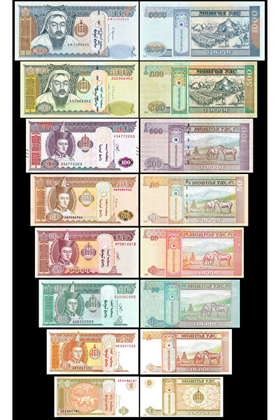 3Alp Koleksiyon Moğolistan 1-5-10-20-50-100-500-1000 Tuğrik, 2014-2020, 8 Li ...