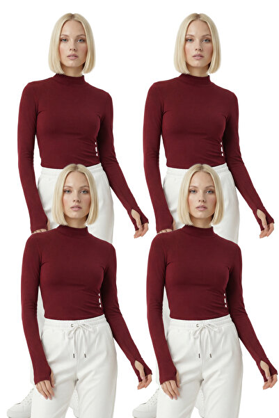 uyguntarz حزمة من 4 قطع من البلوزات النسائية ذات الياقة نصف دائرية باللون الع...