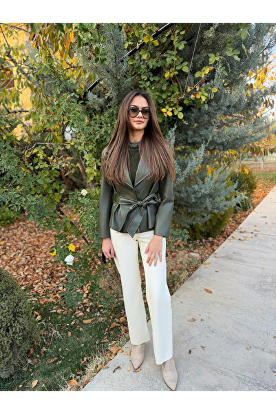 EMEL ERYILMAZ Yağ Yeşili Deri Ceket