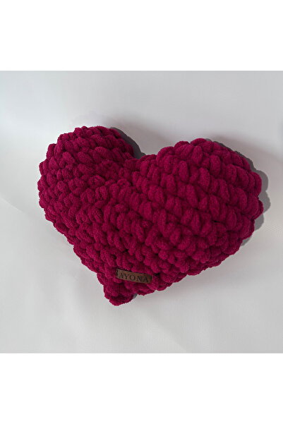 Ayona El Örgüsü Küçük Bordo Kalp Figürlü Dekoratif Puffy Yastık - Ultra Yumuşak