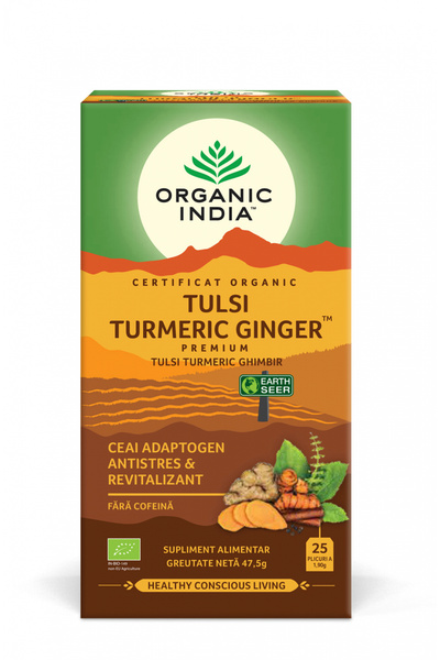 Organic India Ceai Tulsi (Busuioc Sfant) Turmeric Ghimbir Ceai Adaptogen Anti...